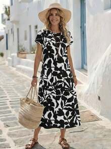 Vestido casual de mujer con estampado floral y manga corta, ideal para vacaciones de verano - Multicolor 7 - Ver 2