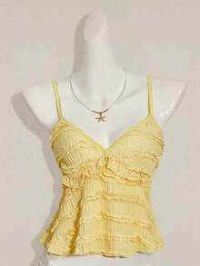 Blusa de tirantes de mujer con volantes de tela texturizada de unicolor para el verano y vacaciones - Amarillo claro - Ver 9