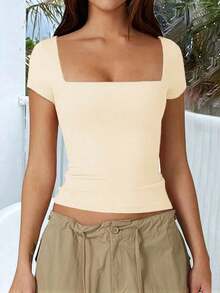 Camiseta de manga corta con cuello cuadrado de punto de unicolor, ajustada y sexy, estilo Y2K, para mujer Vaiaye, adecuada para actividades de primavera/verano y el Día de San Valentín - Albaricoque - Ver 7