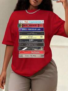 90s R&B Cassette Print T-Shirt, Women's Spring/Summer Clothing, Crew Neck T-Shirt, Women's T-Shirt, Women's Summer Short Sleeve Top, Women's Spring/Summer Sets - 紅色的 - 查看 7