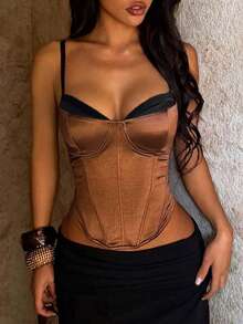 Áo croptop cúp ngực bằng satin màu nâu, áo hai dây cổ hình trái tim xếp ly, trang phục dự tiệc/club phong cách Y2K, trang phục hẹn hò thanh lịch. - cà phê - Xem 3