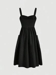 Vestido de verano para mujer de unicolor sin mangas con bolsillos - Negro - Ver 2