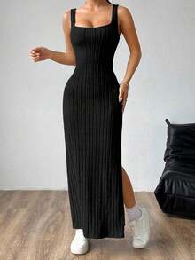 maxi informal sin mangas con abertura lateral, atuendo de mujer - Negro - Ver 6