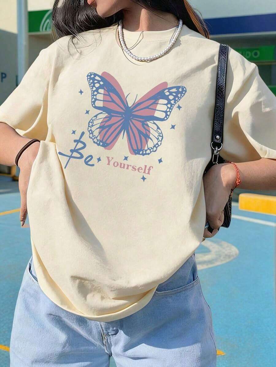 Mexican Basic Vintage Women's Short Sleeve T-Shirt With Round Neck And Butterfly Print, Casual And Versatile Style For Vacation, Suitable For Daily Wear And Fashionable Summer In Black. Fashion New Launch - 杏色 - 查看 1