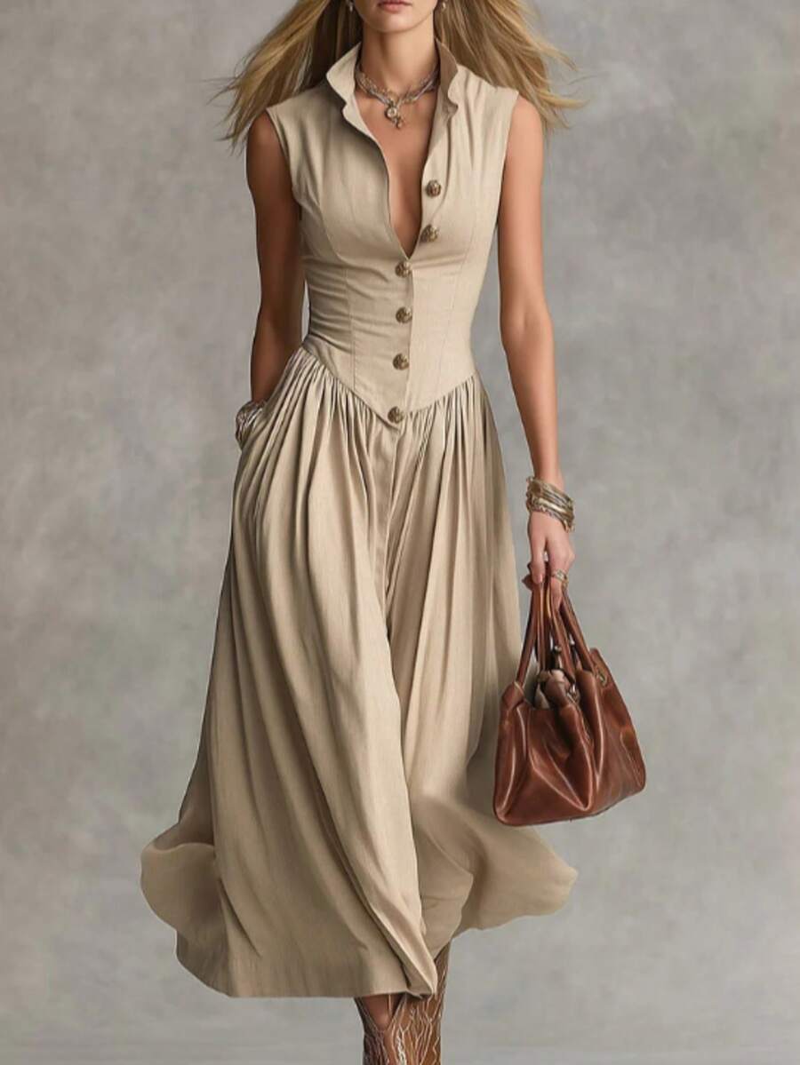 Sleeveless Button-Front Midi Dress, Fitted Waist Flowy A-Line Dress With Pockets - Apricot - View 1