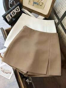 Pantalones cortos/falda/culotte/shorts de mujer de tela suave y texturizada de cintura alta con abertura, de uso versátil y casual, para primavera/otoño - Caqui - Ver 2