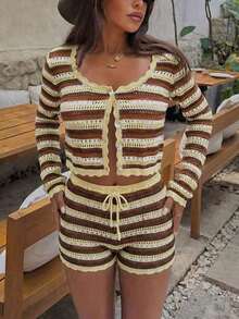 2 piezas Conjunto de top corto y shorts de mujer para verano con bloques de color, rayas y diseño calado. Estilo de vacaciones en la playa, top corto elegante y conjunto de shorts ligeros adecuado para primavera/verano, fiesta en la playa, vacaciones, estilo bohemio, sexy - Multicolor 2 - Ver 6