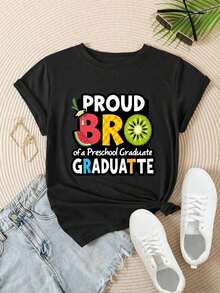 Women's Casual Short Sleeve T-Shirt - Proud Sibling Of A Preschool Graduate, Crew Neck, Summer Top, Machine Washable, Ladies' T-Shirts, Casual Wear, Modern Style, Comfortable Fit

-White - 黑色 - 查看 2