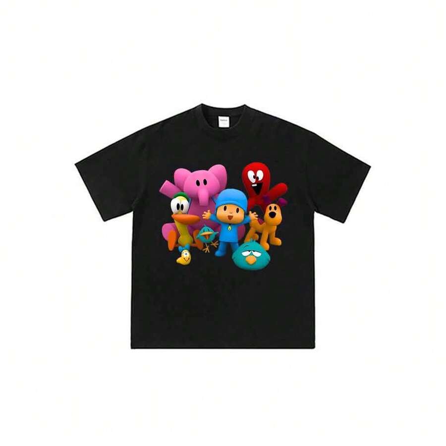 Unisex T-Shirt With 3D Anime Cartoon Print Of Pocoyo And His Friends, Urban And Casual Summer Style. - 黑色 - 查看 1