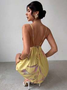 Vestido casual de mujer con estampado floral amarillo, de tirantes finos y espalda descubierta, vestido suelto de estilo hawaiano para vacaciones, vestidos de verano amarillo mantequilla para mujeres - Multicolor - Ver 2