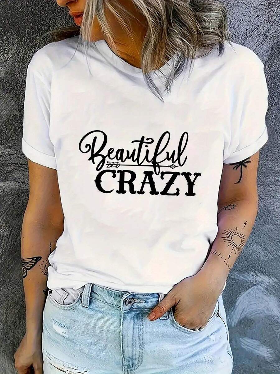 Stylish Everyday Top With Fun English Pattern Print, Casual Women's Sports T-Shirt, Round Neck, Short Sleeves, Comfortable Summer Vacation Top, Chic Fashion T-Shirt. - 白色 - 查看 1