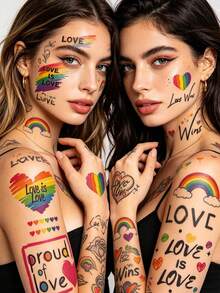 8张LGBTQ+骄傲主题临时纹身贴纸，包含鲜艳的彩虹心形图案、“爱赢了”和“为爱骄傲”标语贴纸，防水持久自粘，色彩缤纷，适用于骄傲月游行、LGBTQ+活动、锐舞派对、派对和演唱会等场合，也可作为DIY面部和身体彩妆配件。 - 彩色 - 查看 6