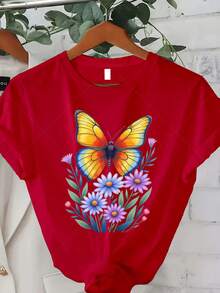 Women's Classic Plus-Size T-Shirt, Colorful Butterfly And Flower Print Tee, Casual Summer Top For Women, Nature-Inspired Design Print Tee, Short-Sleeved Crew Neck Top, Suitable For Summer/Autumn Wear, The Best Gift For Thanksgiving, Christmas, And New Year's. A Hit! - 紅色 - 查看 7