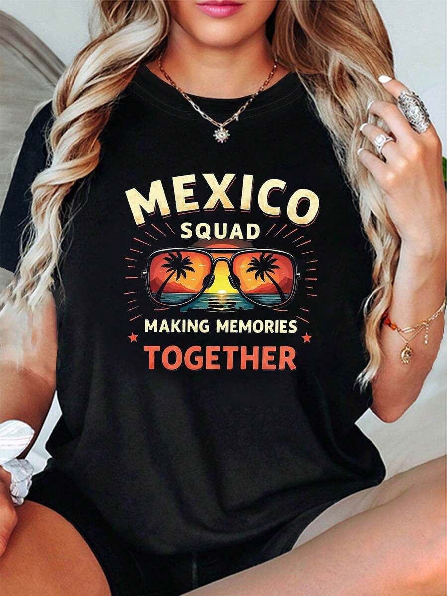 Limited Edition: Women's Casual Fashion T-Shirt, Size, With Beach Palm Tree Print And Sunglasses Design, For Beach Vacation With Team Mexico, Create Memories Together, Spring/Summer, Lightweight Cotton - 黑色 - 查看 1