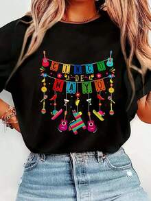 Women's Cinco De Mayo T-Shirt, Funny Mexican Fiesta, 5 De Mayo Casual Graphic Print, Round Neck, Short Sleeve, Summer Top, Casual Daily - 黑色 - 查看 1