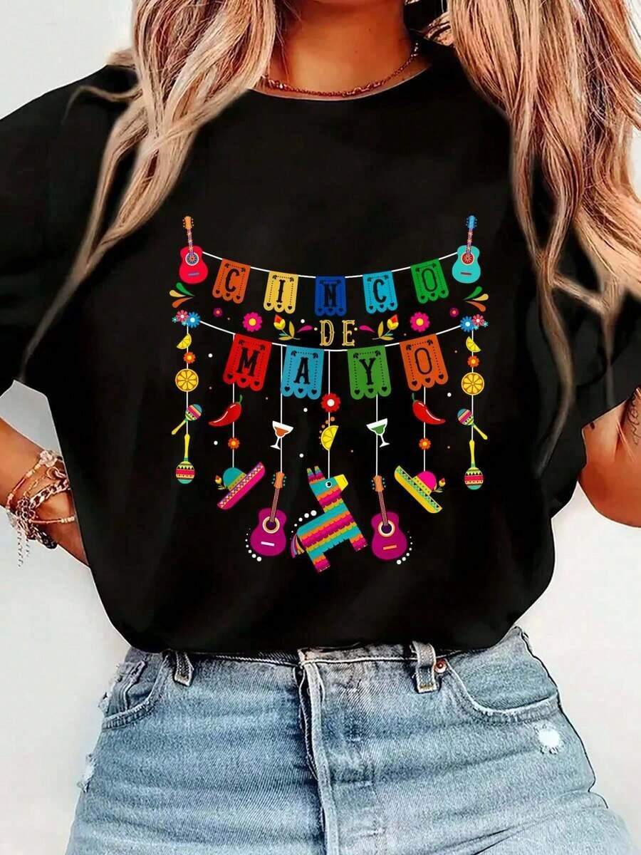 Women's Cinco De Mayo T-Shirt, Funny Mexican Fiesta, 5 De Mayo Casual Graphic Print, Round Neck, Short Sleeve, Summer Top, Casual Daily - 黑色 - 查看 1