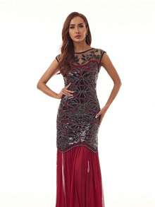 Women's Long Party Dress With V-Neck, Sequin And Lace Embroidery On The Top, Flowing Chiffon Skirt, Various Colors (Green, Black, Red, Champagne), Ideal For Banquets And Formal Events. - 紅色 - 查看 2