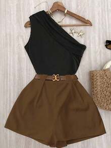 Conjunto de top plisado de hombro de color marrón sólido y elástico para uso casual y pantalones blancos de cintura elástica - Marrón - Ver 1