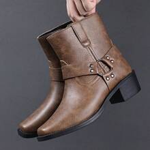 Men's Western Faux Leather Ankle Boots, Square Toe Metal Studded Harness Booties With Side Zipper Block Heel, Non-Slip Comfort Casual Cowboy Footwear - màu nâu - Xem 5