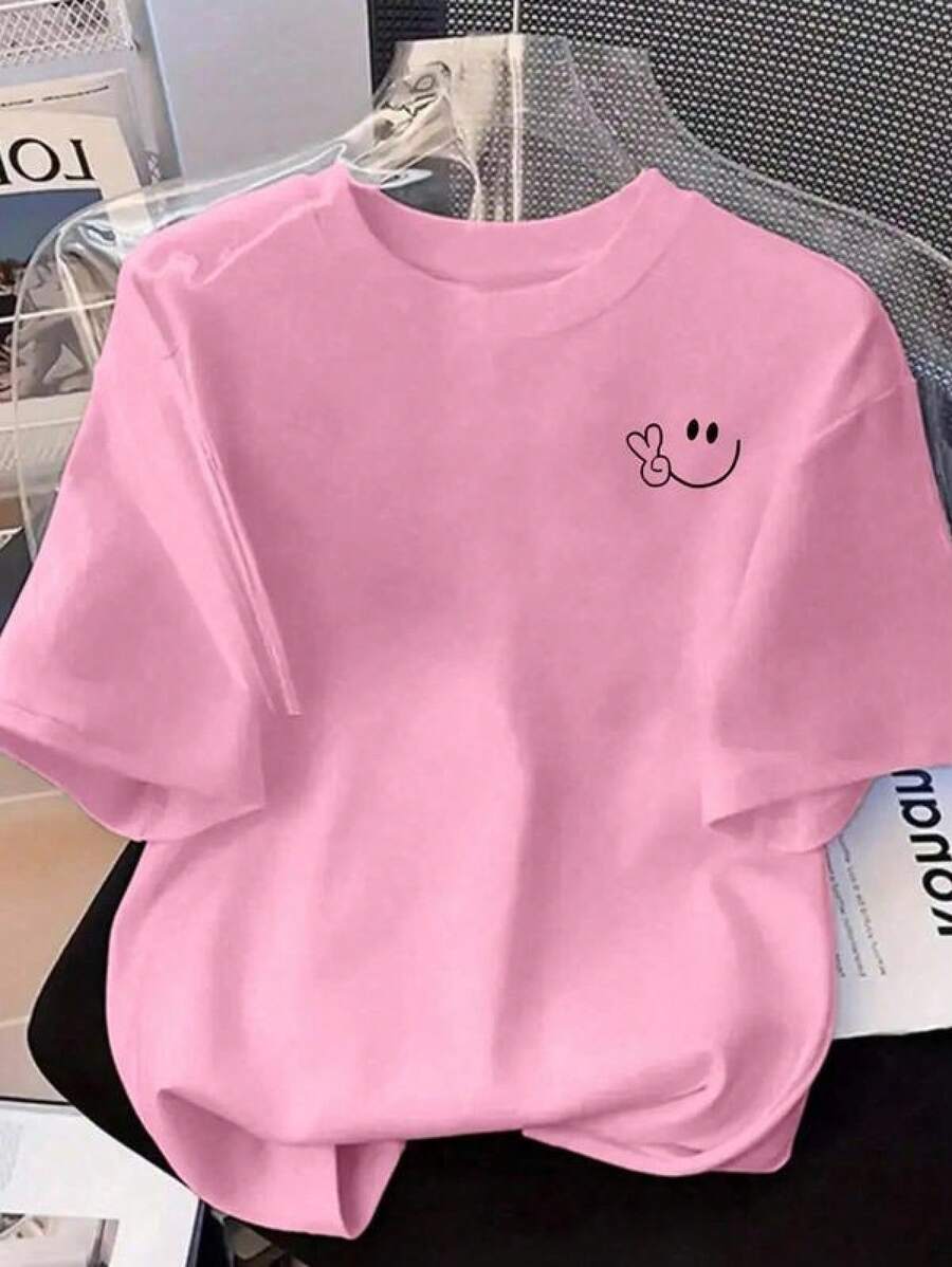 Women's Pink Round Neck Short Sleeve T-Shirt with Cute Smiling Face Graphic, Regular Fit Polyester Tee with Slight Stretch, Perfect for Casual Y2K Style