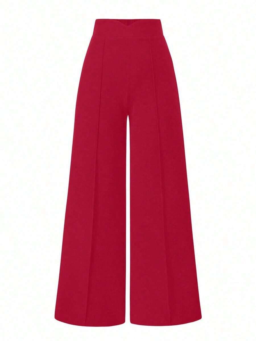 Pantalones anchos de cintura alta de unicolor de uso casual para mujeres - Rojo - Ver 1