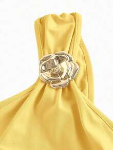 Vestido de cola de pez con cuello fruncido y decoración de broche azul - Amarillo 2 - Ver 3
