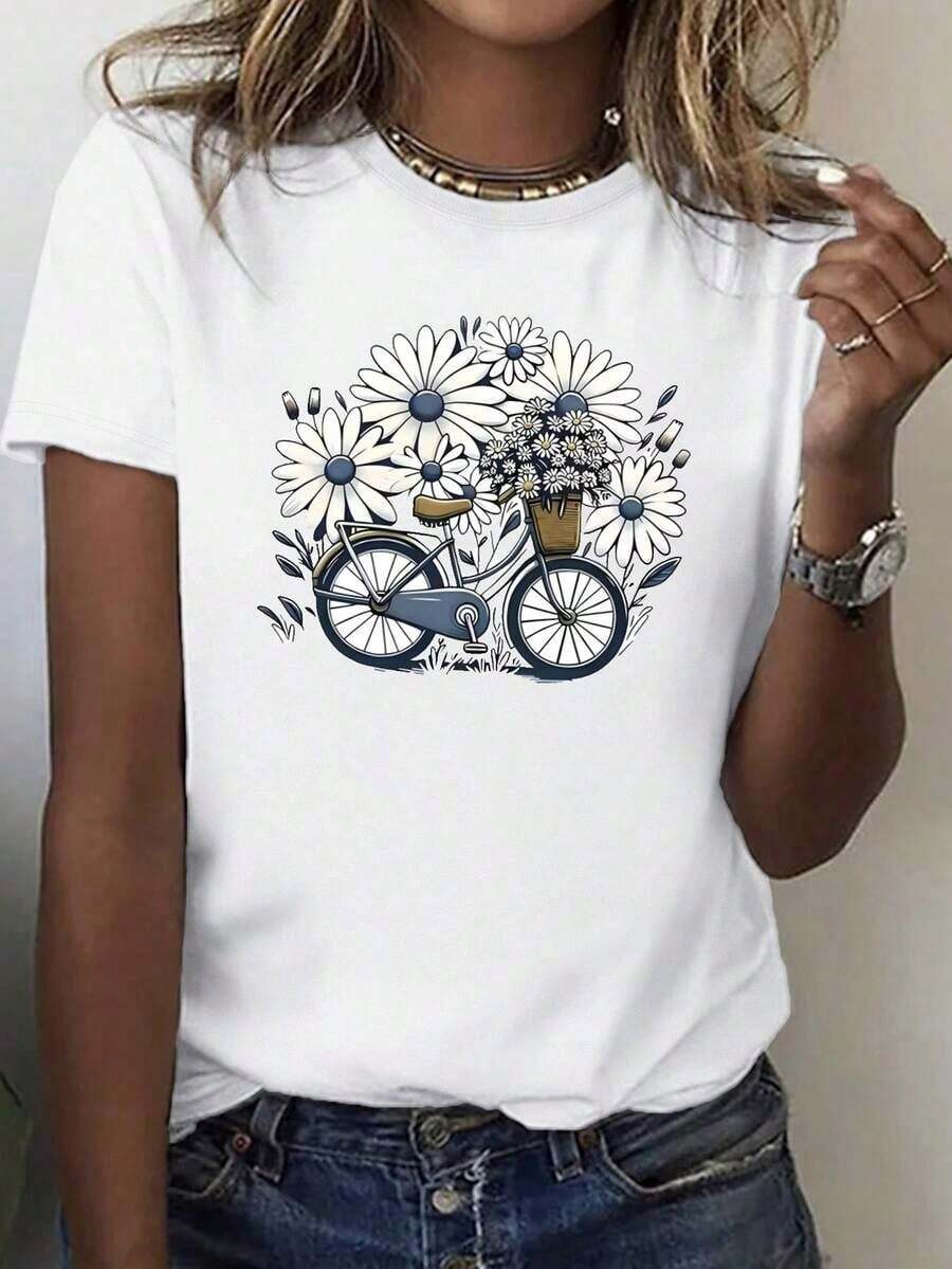 Playera minimalista moderna 1 pieza, camiseta casual de cuello redondo con estampado floral de bicicleta para mujer, camisetas gráficas de ajuste cómodo, adecuadas para todas las estaciones, ropa de uso diario, ropa escolar, tops de estilo urbano. - Blanco - Ver 1
