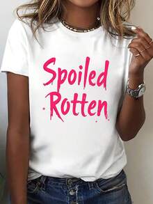 Premium Women's "Spoiled" Print Short Sleeve T-Shirt - Casual Crew Neck Top | Machine Washable Spring/Summer Clothing, Suitable For Casual Wear And Layering, A Charming Minimalist Wardrobe Essential. New Arrival - 白色 - 查看 1