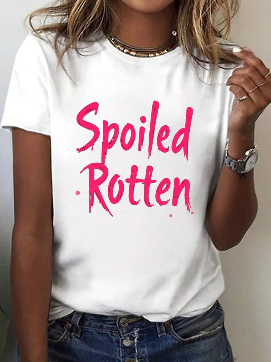 Premium Women's "Spoiled" Print Short Sleeve T-Shirt - Casual Crew Neck Top | Machine Washable Spring/Summer Clothing, Suitable For Casual Wear And Layering, A Charming Minimalist Wardrobe Essential. New Arrival - 白色 - 查看 1