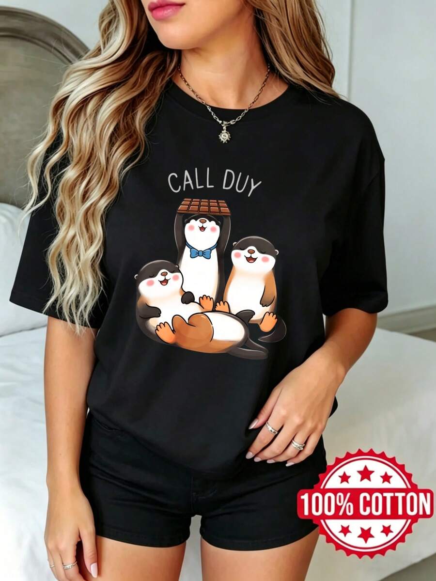 Camiseta negra de manga corta, cuello redondo y estampado para mujer de verano Llama al Deber Nutrias Chocolate S-3XL moda 100% aodón material transpirable