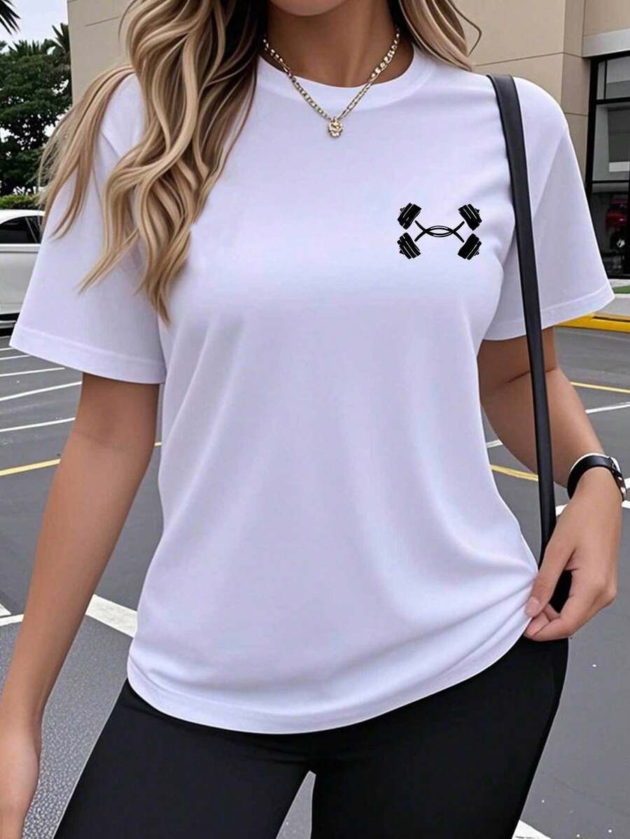 Women's Short Sleeve T-Shirt (Single Item) - Featuring Creative And Fun Fitness Equipment Prints. A Breathable, Stretchy, Crew Neck T-Shirt, Ideal For Comfortable Outdoor Wear In Spring, Summer, And Autumn. A Cute, - 白色 - 查看 1