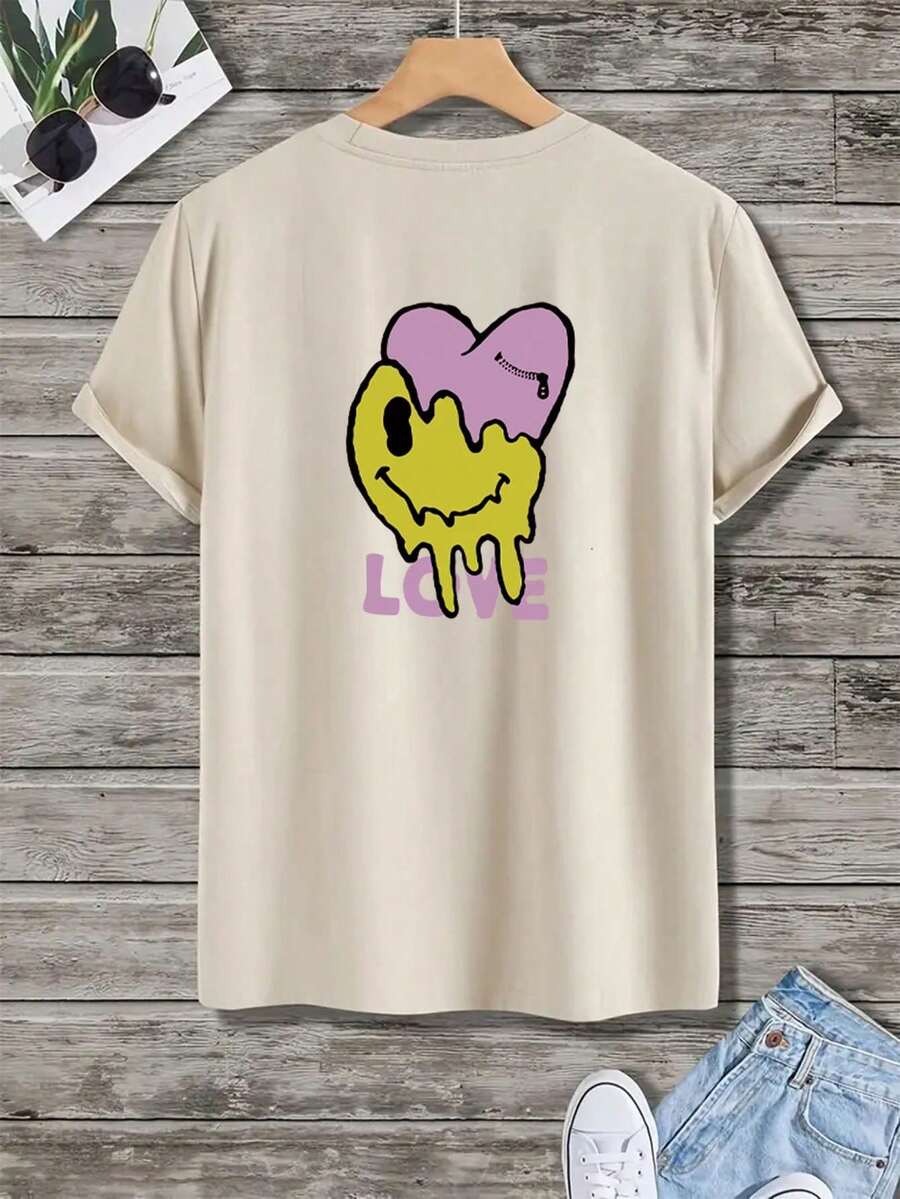 Off-The-Shoulder T-Shirt With Letter And Cartoon Print - 杏色 - 查看 1