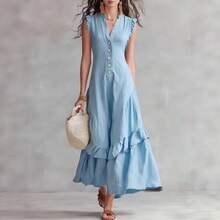 Nuevo 2026 Vestido Mujer Estilo Minimalista Elegante Color Sólido Sin Mangas Ajustado Algodón Lino - Blanco marfil - Ver 6