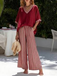 Nuevo 2026 Conjunto Dos Piezas Casual Mujer Cuello en V Top Manga Corta Estampado a Rayas Pantalones Pierna Ancha Corte Holgado - Verde - Ver 9