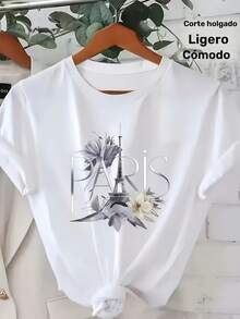 Camiseta casual de manga corta para mujer con estampado floral parisino y de fuentes - Top ligero de verano con cuello redondo, elasticidad media, camiseta blanca lavable a máquina, corte holgado para uso casual - Blanco - Ver 2