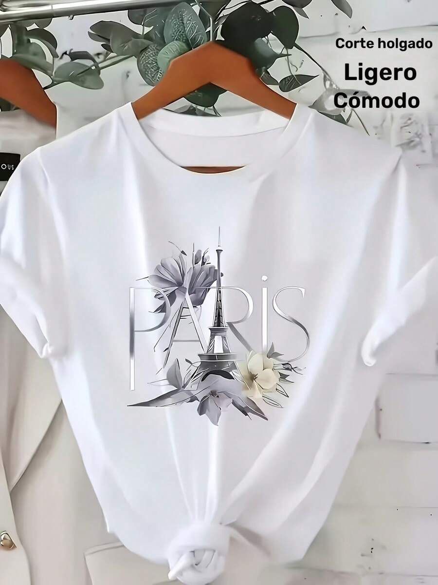Camiseta casual de manga corta para mujer con estampado floral parisino y de fuentes - Top ligero de verano con cuello redondo, elasticidad media, camiseta blanca lavable a máquina, corte holgado para uso casual