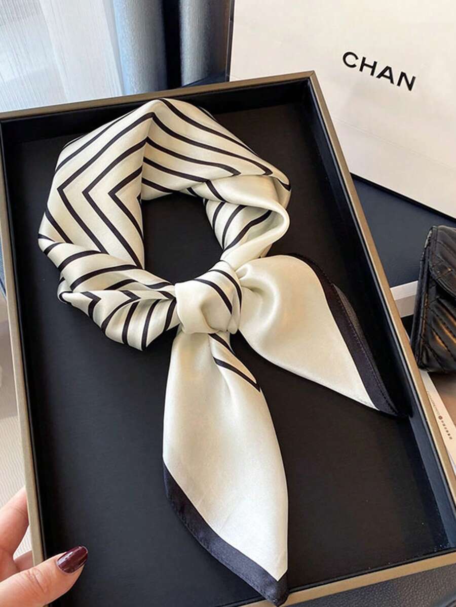 1pc Versatile Elegant Professional Flight Attendant Style Neckerchief - Striped White - View 1