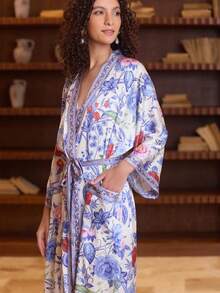 波希米亞風玫瑰花卉印花中長版和服式薄外套 女款度假優雅休閒派對罩衫 輕量開衩下擺口袋披風大衣 居家浴袍綁帶式晨袍 - 藍色 - 查看 2