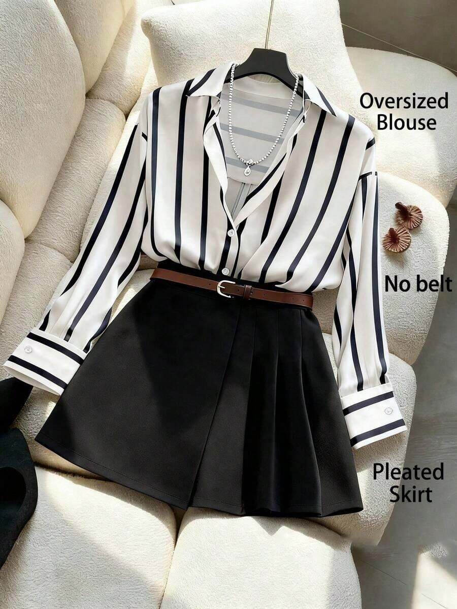 Camisa a rayas y falda pantalón plisada asimétrica, elegante conjunto de 2 piezas para mujer - Negro - Ver 1