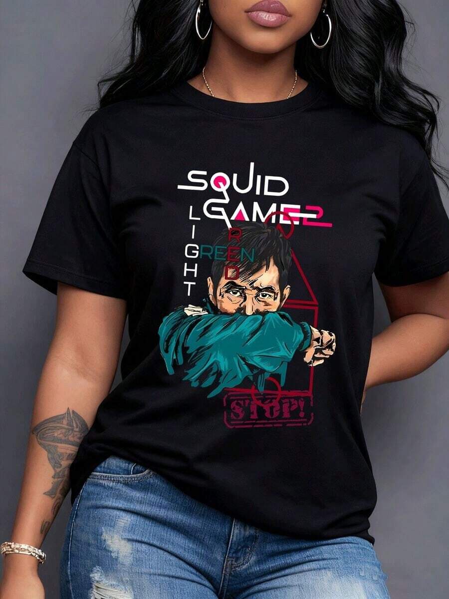 Juego del Calamar 2 protagonista tensión rostro oculto decisiones cruciales 'Luz Verde Luz Roja' y 'STOP' resumen supervivencia desafíos del juego Esencia de la serie para fans Camiseta de mujer% algodón-Vintage Street Style Unisex Loose Cotton Short Sleeve Crew Neck-Shirt - Negro - Ver 1