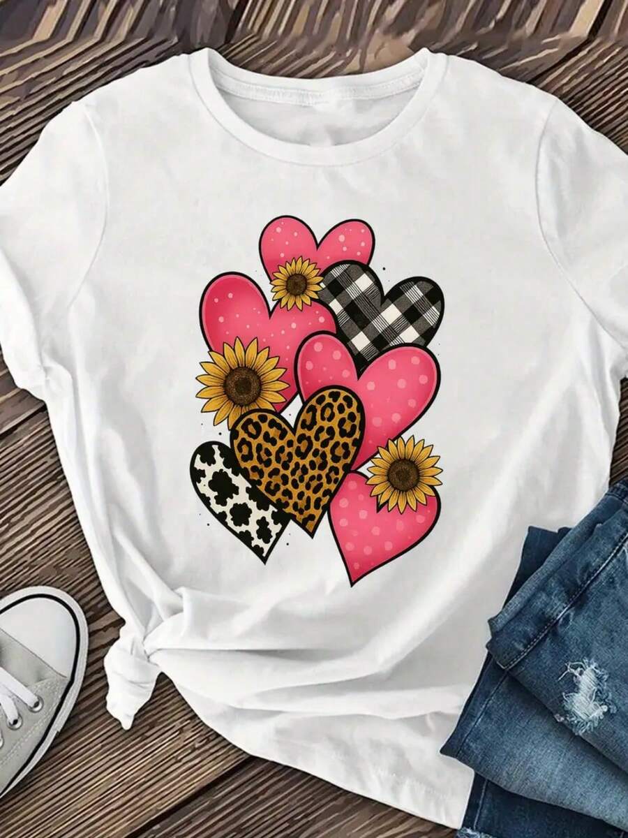 Women's Pure Cotton T-Shirt - Pink Watercolor Heart Print T-Shirt - Casual Short Sleeve Round Neck Top, Simple Casual Wear Suitable For All Seasons, Machine Washable Summer Clothes For Women - 白色 - 查看 1