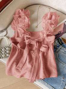 Frenchy Camiseta de tirantes de mujer con volantes de unicolor y parches, con detalle de nudo en la espalda - Rosa vieja - Ver 6