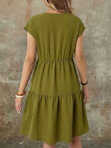 Vestido casual de mujer de manga corta, cuello redondo y longitud media, con aspecto de lino verde, para primavera/verano - Multicolor 2 - Ver 3