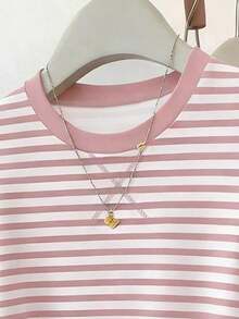 Camiseta gráfica casual a rayas para mujer, con cintura fruncida ajustada, versátil para el verano, de vuelta al colegio, uso diario, fiesta, cita, con un diseño que capta mucha atención - Rosa - Ver 3