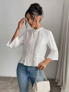 Camisa casual de mujer de un solo pecho de unicolor con mangas de campana - Blanco - Ver 3