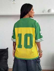 Camiseta suelta de malla transpirable con gráficos, para uso casual y salir, estilo urbano de verano para mujer - Amarillo - Ver 4