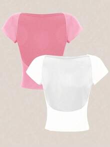 2 piezas Parte superior corta de cuello redondo y espalda descubierta de manga corta, apropiada para el verano, para mujeres sexy - Multicolor 8 - Ver 1