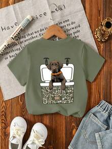 Young Boy Casual Graphic Print Crew Neck Short Sleeve T-Shirt, Summer Top - Olive Green - View 5