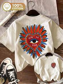 Limited Edition [Double-Sided Print] Women's Summer Casual T-Shirt, Bohemian Style With Heart, Eye And Petal Print, Round Neck, Short Sleeve, Lightweight Cotton - 杏色 - 查看 12