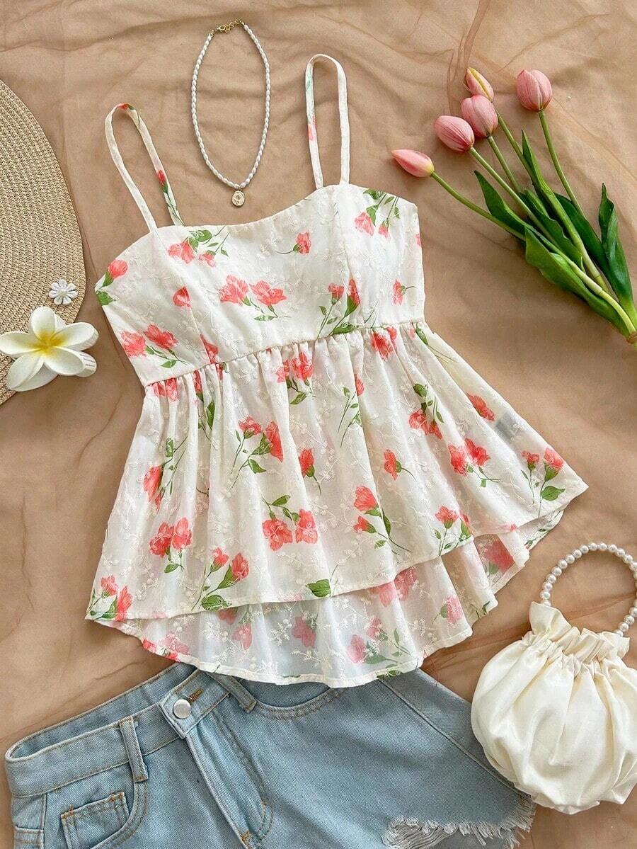 Camiseta sin mangas casual y linda para mujer, con textura de punto floral romántica y dulce, cintura elástica y bajo asimétrico suelto, color amarillo, para vacaciones de verano, graduación, boda, vuelta al colegio, fiesta de Pascua - Multicolor - Ver 1